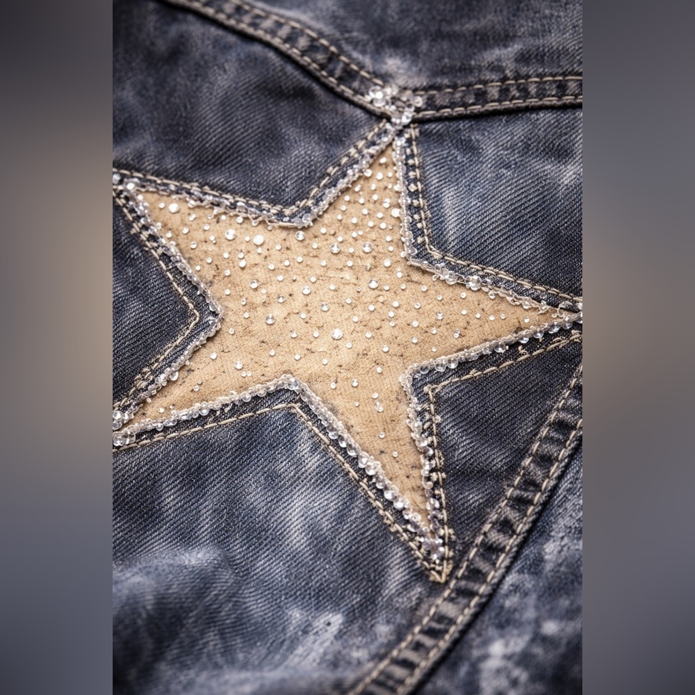 Rhinestone Inlaid Star Patched Upcycled Distressed Blue Black Denim Jean Jacket - Picture 6 of 12